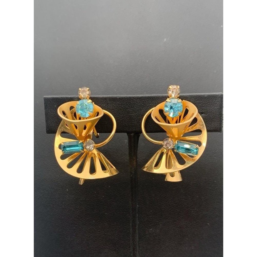 Vintage Mid Century Modern MCM Gold Tone & Rhinestone Swirl Screw Back Earrings